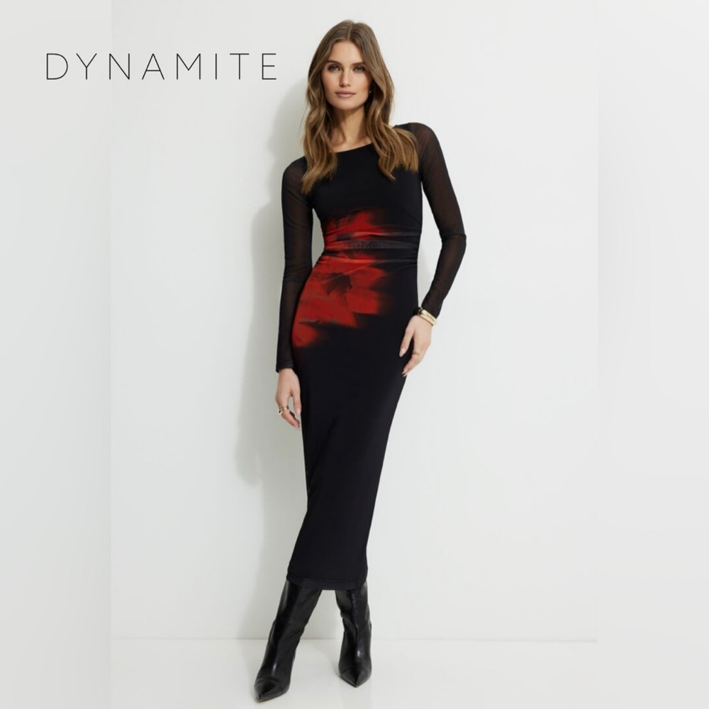 ✨Dynamite NEW Serene Mesh Maxi Dress Bloom Red XSmall